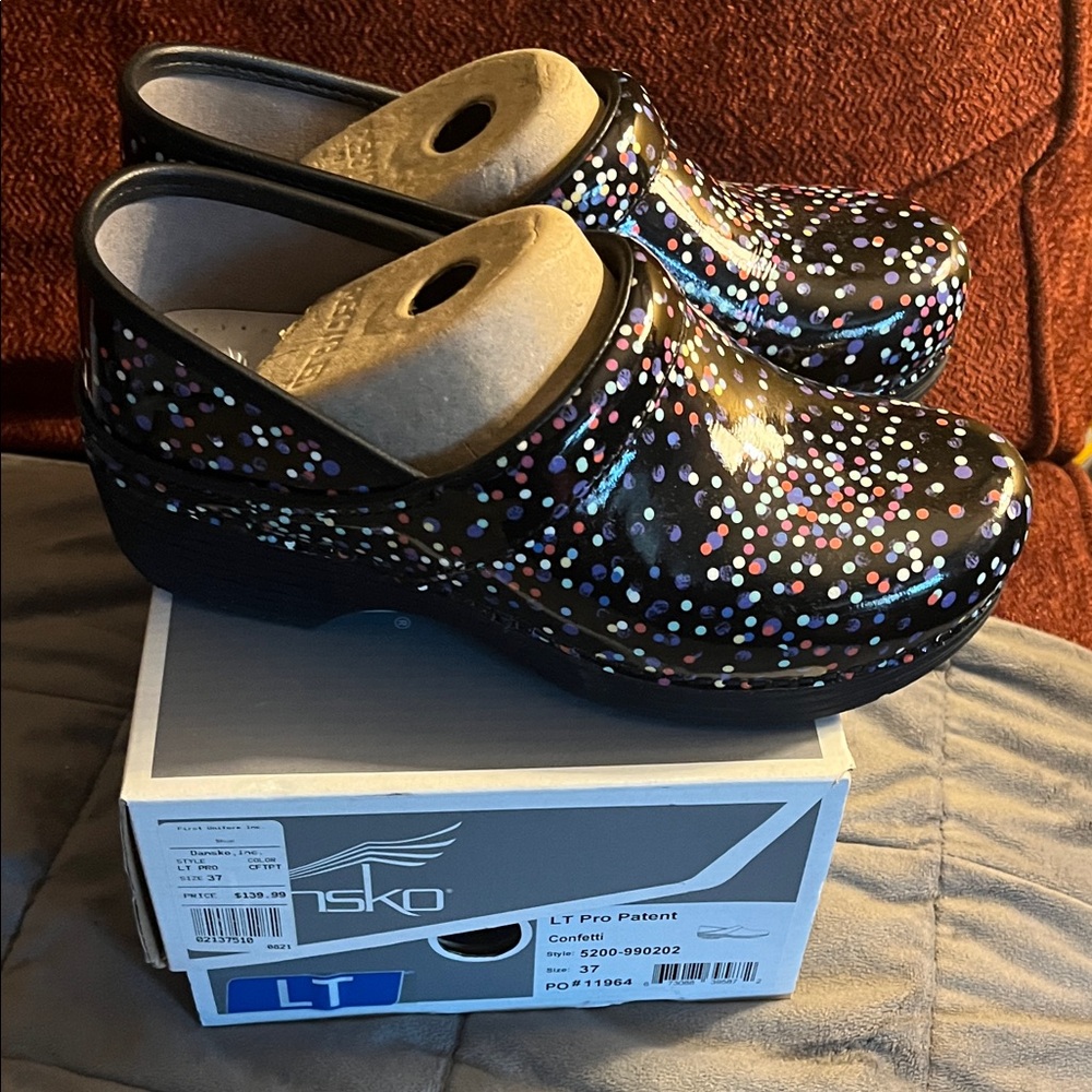 Dansko Black Clogs with Colorful Dot Pattern